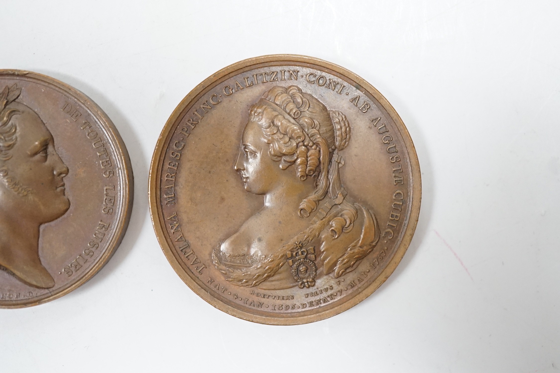 Two 18th/19th century Russia commemorative medals – a Death of Princess Tatiano Galitsyn copper medal 1757 and an Alexander I Visit to Paris bronze medal 1814